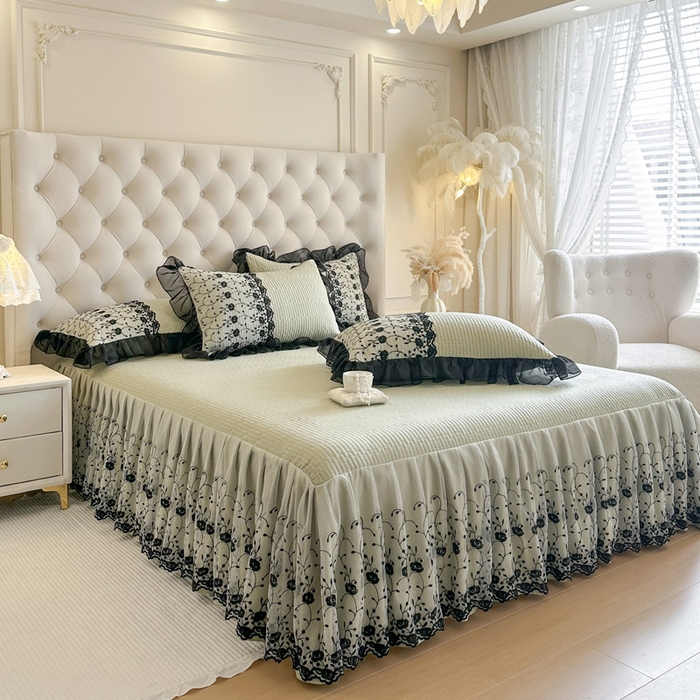 91家纺网 家纺一手货源 找家纺 瑞宝 2026新款泡芙棉花边床裙三件套-南法玫瑰 南法玫瑰-抹茶绿