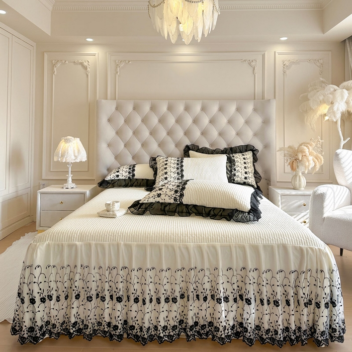 瑞宝 2026新款泡芙棉花边床裙三件套-南法玫瑰 南法玫瑰-高级米