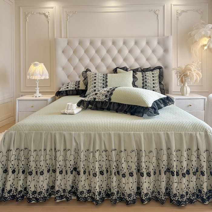 91家纺网 家纺一手货源 找家纺 瑞宝 2026新款泡芙棉花边床裙三件套-南法玫瑰 南法玫瑰-抹茶绿