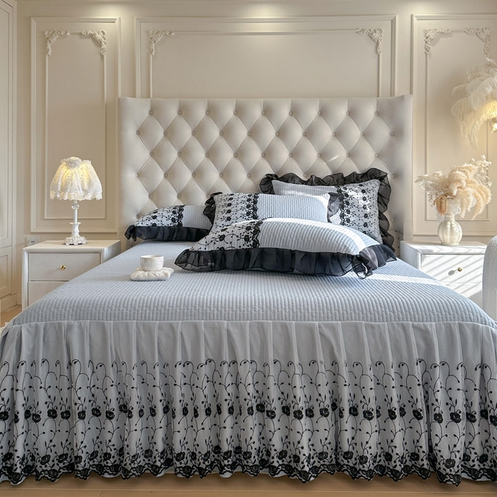 91家纺网 家纺一手货源 找家纺 瑞宝 2026新款泡芙棉花边床裙三件套-南法玫瑰 南法玫瑰-雾蓝