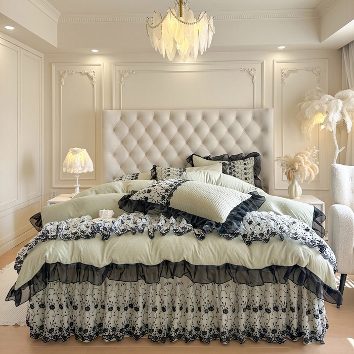 91家纺网 家纺一手货源 找家纺 瑞宝 2026新款泡芙棉花边床裙三件套-南法玫瑰 南法玫瑰-抹茶绿