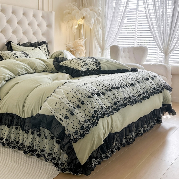 91家纺网 家纺一手货源 找家纺 瑞宝 2026新款泡芙棉花边床裙三件套-南法玫瑰 南法玫瑰-抹茶绿