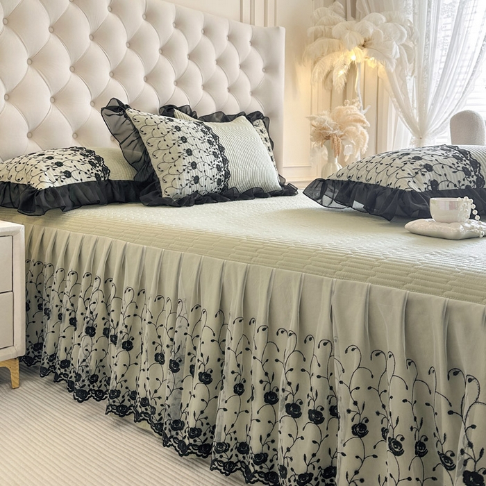 91家纺网 家纺一手货源 找家纺 瑞宝 2026新款泡芙棉花边床裙三件套-南法玫瑰 南法玫瑰-抹茶绿