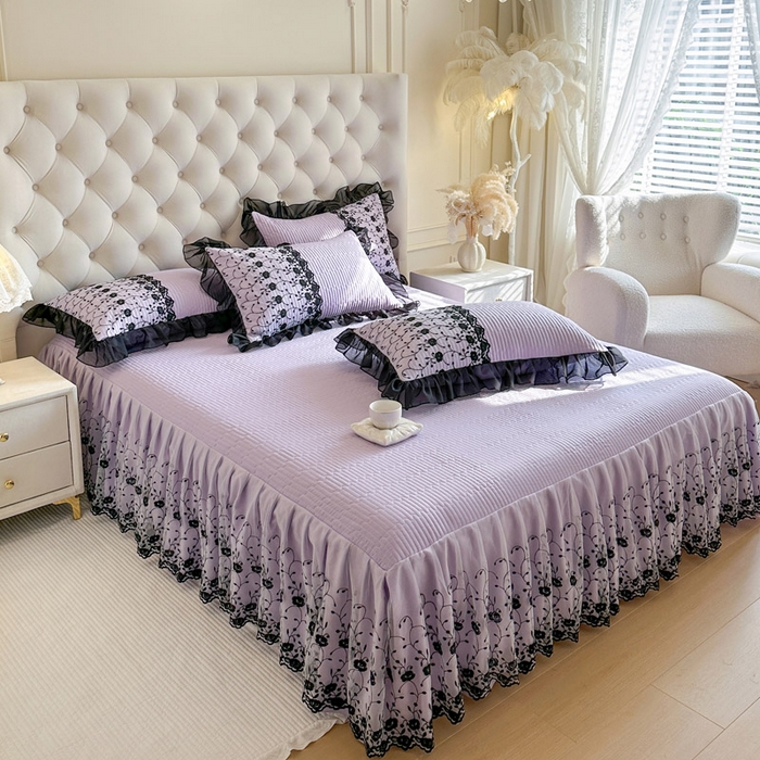 91家纺网 家纺一手货源 找家纺 瑞宝 2026新款泡芙棉花边床裙三件套-南法玫瑰 南法玫瑰-梦幻紫