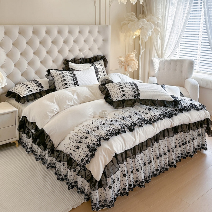 91家纺网 家纺一手货源 找家纺 瑞宝 2026新款泡芙棉花边床裙三件套-南法玫瑰 南法玫瑰-奶油白