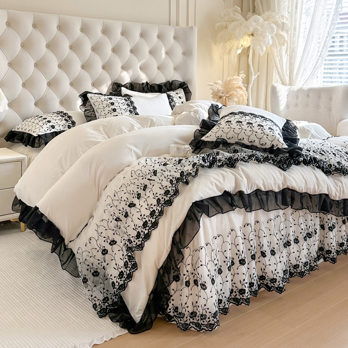 91家纺网 家纺一手货源 找家纺 瑞宝 2026新款泡芙棉花边床裙三件套-南法玫瑰 南法玫瑰-奶油白