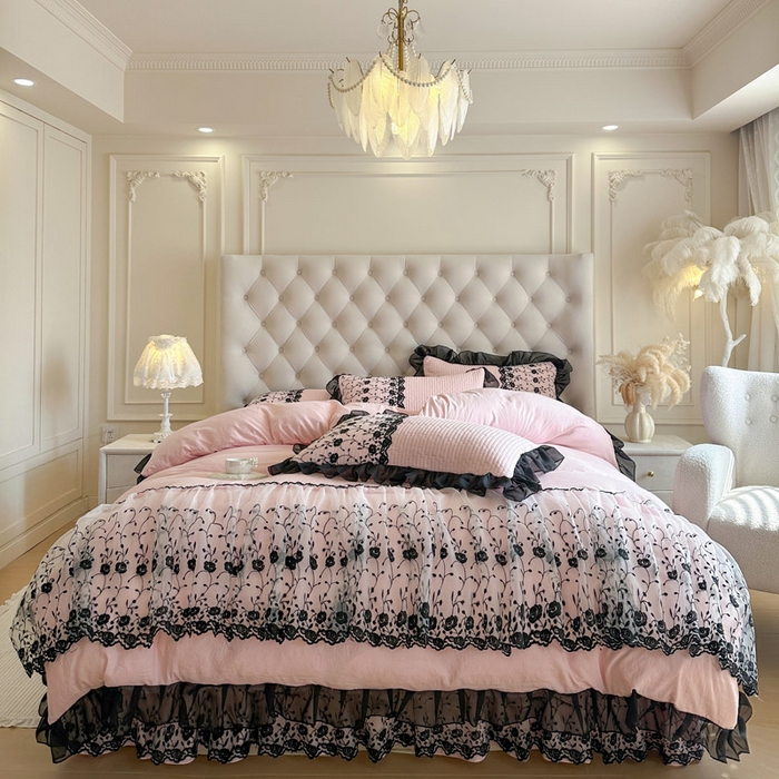 91家纺网 家纺一手货源 找家纺 瑞宝 2026新款泡芙棉花边床裙三件套-南法玫瑰 南法玫瑰-樱花粉