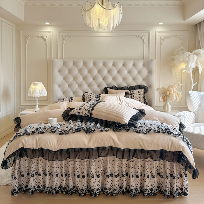 91家纺网 家纺一手货源 找家纺 瑞宝 2026新款泡芙棉花边床裙三件套-南法玫瑰 南法玫瑰-奶茶色