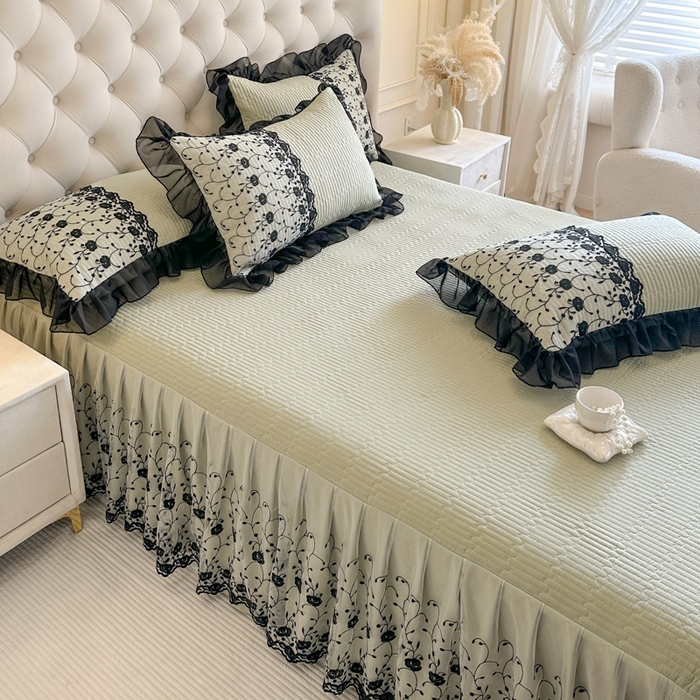 91家纺网 家纺一手货源 找家纺 瑞宝 2026新款泡芙棉花边床裙三件套-南法玫瑰 南法玫瑰-抹茶绿