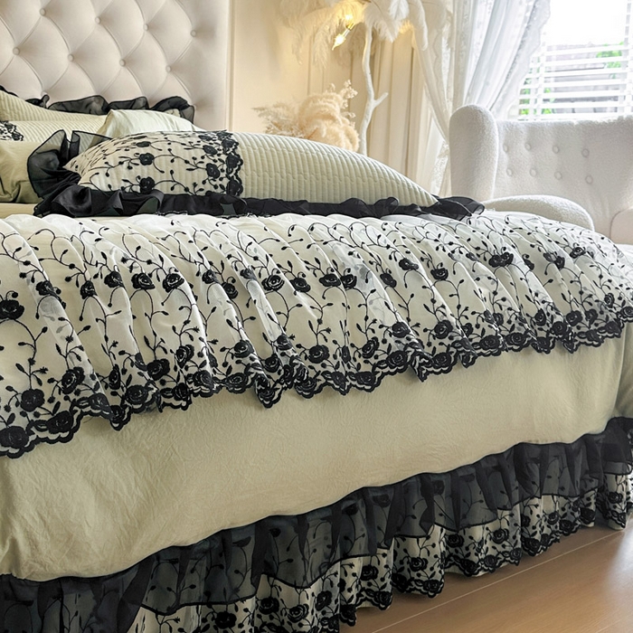 91家纺网 家纺一手货源 找家纺 瑞宝 2026新款泡芙棉花边床裙三件套-南法玫瑰 南法玫瑰-抹茶绿