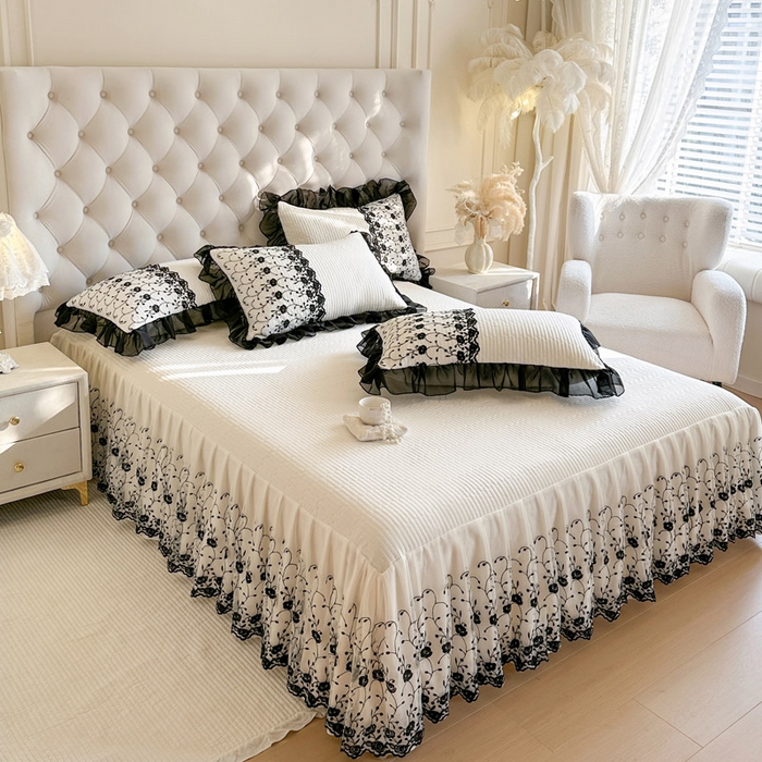 91家纺网 家纺一手货源 找家纺 瑞宝 2026新款泡芙棉花边床裙三件套-南法玫瑰 南法玫瑰-奶油白