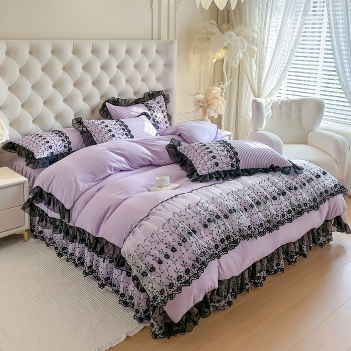 91家纺网 家纺一手货源 找家纺 瑞宝 2026新款泡芙棉花边床裙三件套-南法玫瑰 南法玫瑰-梦幻紫