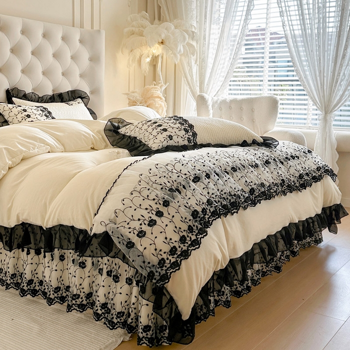 91家纺网 家纺一手货源 找家纺 瑞宝 2026新款泡芙棉花边床裙三件套-南法玫瑰 南法玫瑰-高级米