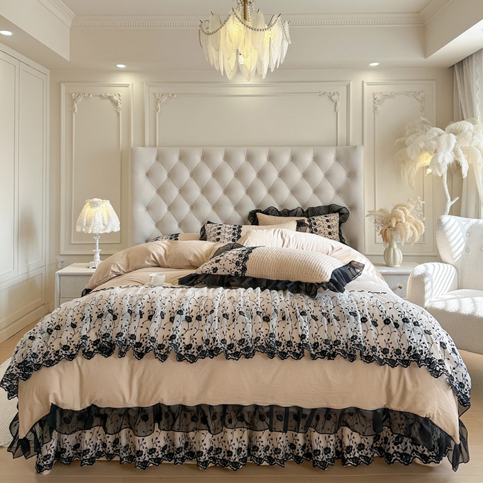 91家纺网 家纺一手货源 找家纺 瑞宝 2026新款泡芙棉花边床裙三件套-南法玫瑰 南法玫瑰-奶茶色