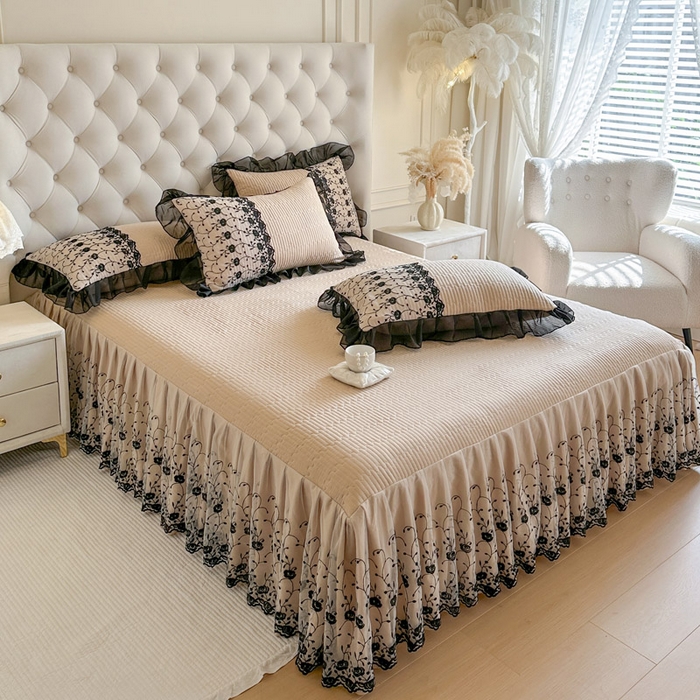 91家纺网 家纺一手货源 找家纺 瑞宝 2026新款泡芙棉花边床裙三件套-南法玫瑰 南法玫瑰-奶茶色