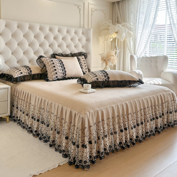 91家纺网 家纺一手货源 找家纺 瑞宝 2026新款泡芙棉花边床裙三件套-南法玫瑰 南法玫瑰-奶茶色