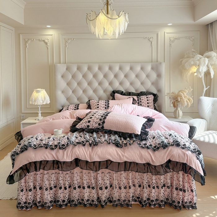 91家纺网 家纺一手货源 找家纺 瑞宝 2026新款泡芙棉花边床裙三件套-南法玫瑰 南法玫瑰-樱花粉