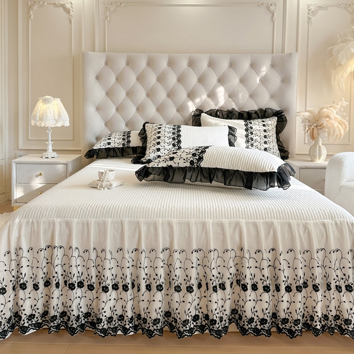 91家纺网 家纺一手货源 找家纺 瑞宝 2026新款泡芙棉花边床裙三件套-南法玫瑰 南法玫瑰-奶油白