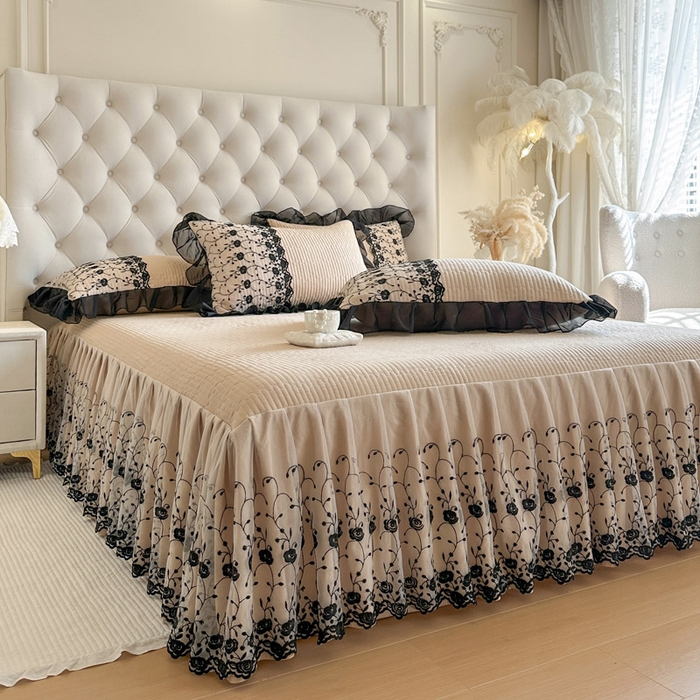 91家纺网 家纺一手货源 找家纺 瑞宝 2026新款泡芙棉花边床裙三件套-南法玫瑰 南法玫瑰-奶茶色