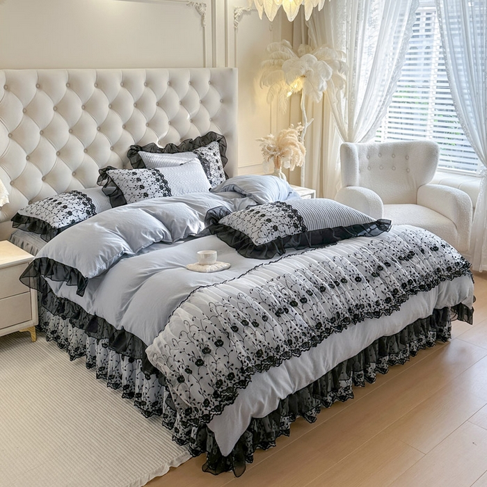 91家纺网 家纺一手货源 找家纺 瑞宝 2026新款泡芙棉花边床裙三件套-南法玫瑰 南法玫瑰-雾蓝