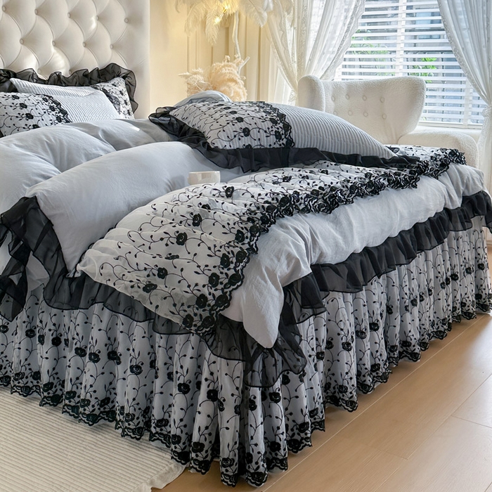 91家纺网 家纺一手货源 找家纺 瑞宝 2026新款泡芙棉花边床裙三件套-南法玫瑰 南法玫瑰-雾蓝