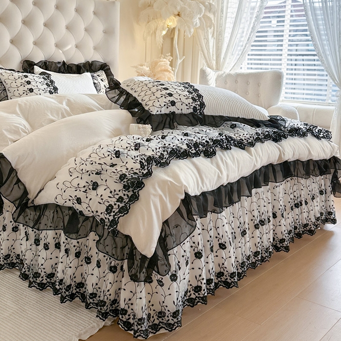 91家纺网 家纺一手货源 找家纺 瑞宝 2026新款泡芙棉花边床裙三件套-南法玫瑰 南法玫瑰-奶油白