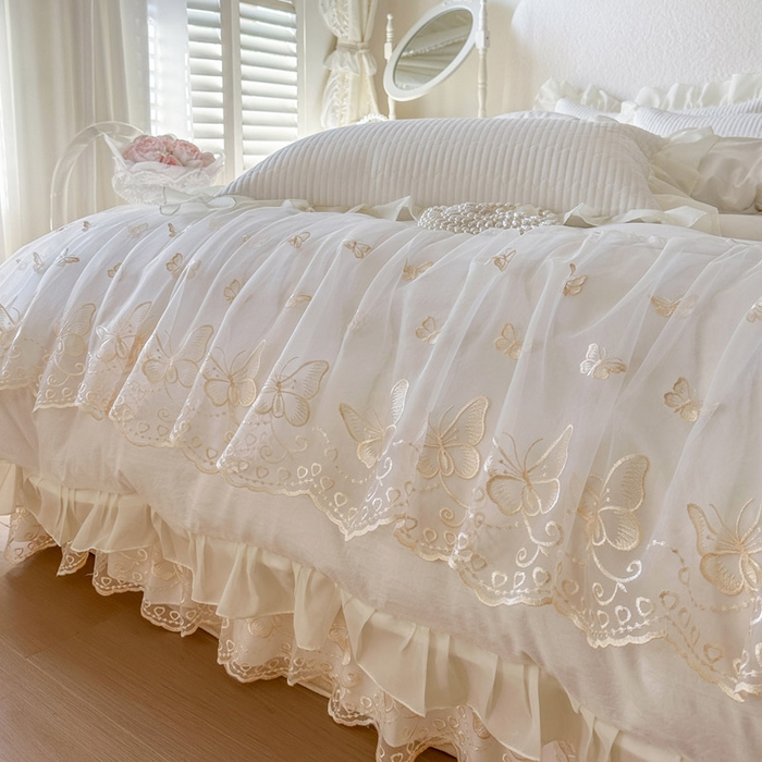 91家纺网 家纺一手货源 找家纺 瑞宝 2026新款泡芙棉花边床裙四件套-米兰系列 米兰-柔白