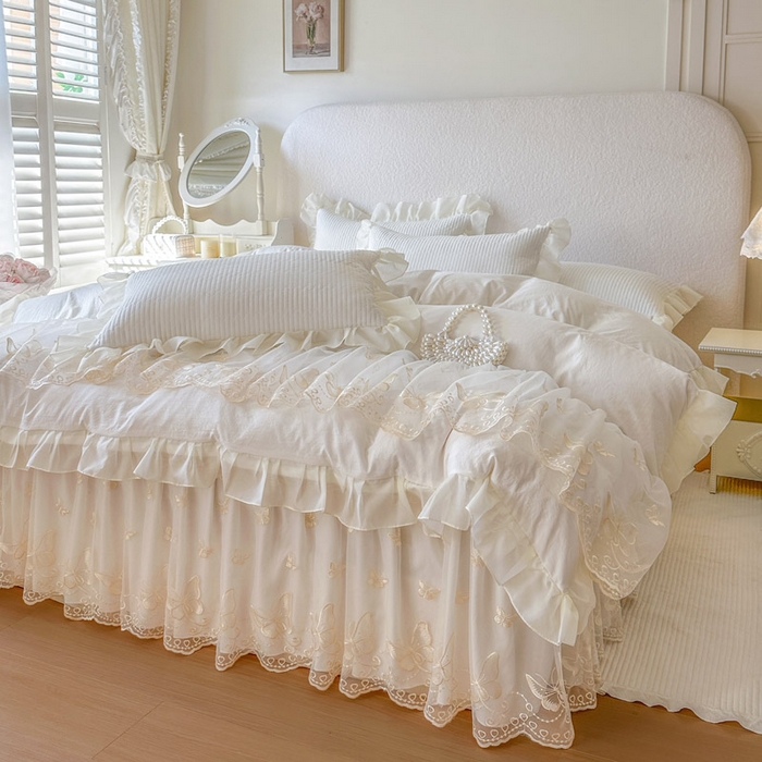 91家纺网 家纺一手货源 找家纺 瑞宝 2026新款泡芙棉花边床裙四件套-米兰系列 米兰-柔白