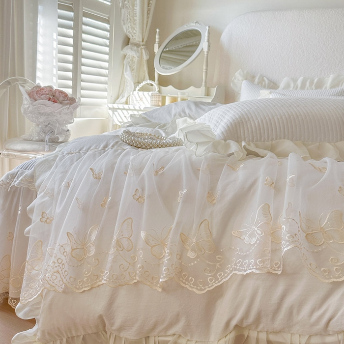 91家纺网 家纺一手货源 找家纺 瑞宝 2026新款泡芙棉花边床裙四件套-米兰系列 米兰-柔白