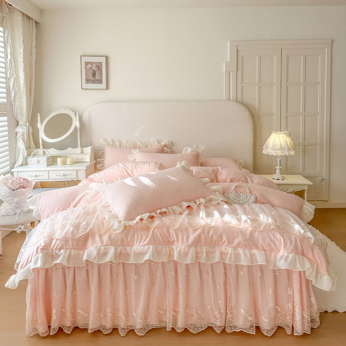 瑞宝 2026新款泡芙棉花边床裙四件套-米兰系列 米兰-玉色