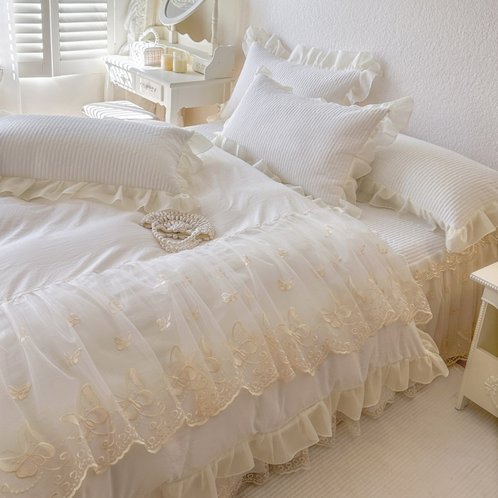 91家纺网 家纺一手货源 找家纺 瑞宝 2026新款泡芙棉花边床裙四件套-米兰系列 米兰-柔白