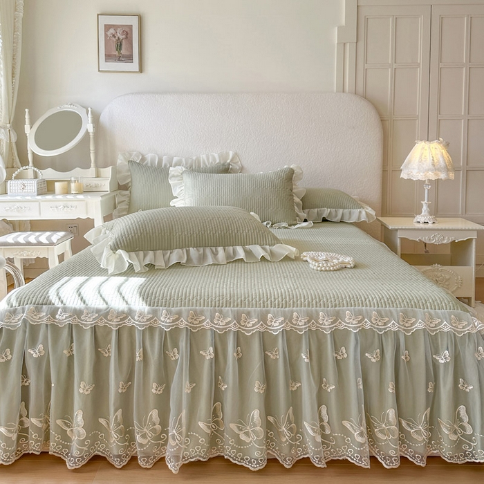 91家纺网 家纺一手货源 找家纺 瑞宝 2026新款泡芙棉花边床裙四件套-米兰系列 米兰-茶绿