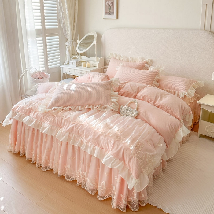 91家纺网 家纺一手货源 找家纺 瑞宝 2026新款泡芙棉花边床裙四件套-米兰系列 米兰-玉色