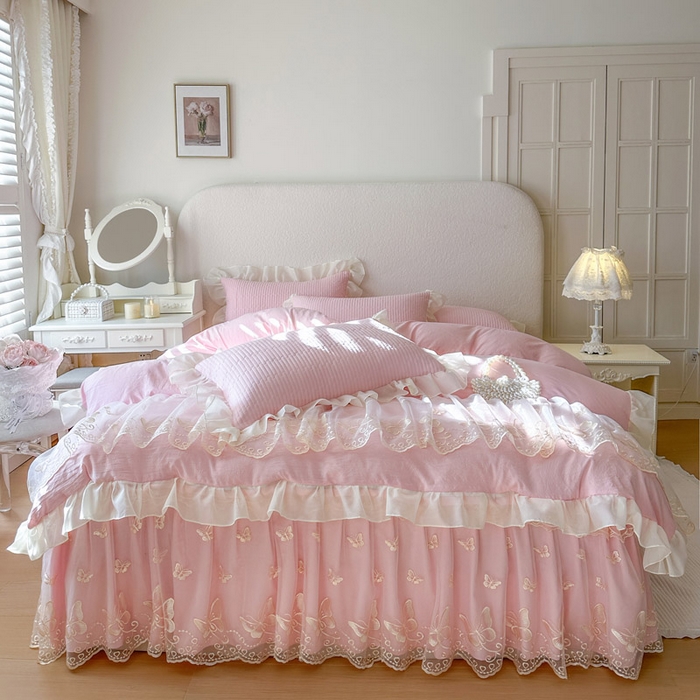 瑞宝 2026新款泡芙棉花边床裙四件套-米兰系列 米兰-粉樱