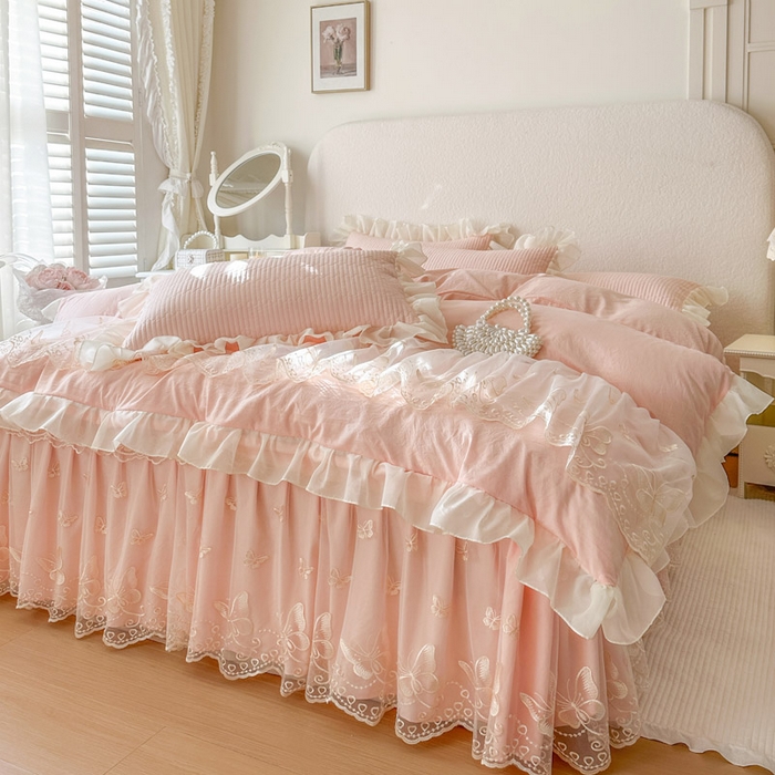 91家纺网 家纺一手货源 找家纺 瑞宝 2026新款泡芙棉花边床裙四件套-米兰系列 米兰-玉色