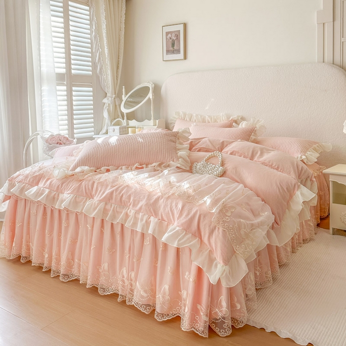 91家纺网 家纺一手货源 找家纺 瑞宝 2026新款泡芙棉花边床裙四件套-米兰系列 米兰-玉色