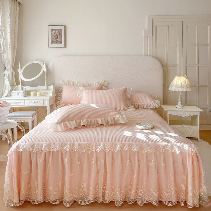 91家纺网 家纺一手货源 找家纺 瑞宝 2026新款泡芙棉花边床裙四件套-米兰系列 米兰-玉色