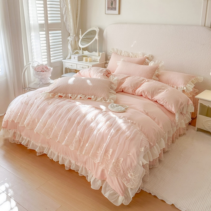 91家纺网 家纺一手货源 找家纺 瑞宝 2026新款泡芙棉花边床裙四件套-米兰系列 米兰-玉色