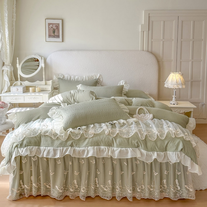 瑞宝 2026新款泡芙棉花边床裙四件套-米兰系列 米兰-茶绿
