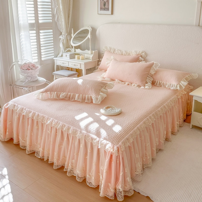 91家纺网 家纺一手货源 找家纺 瑞宝 2026新款泡芙棉花边床裙四件套-米兰系列 米兰-玉色