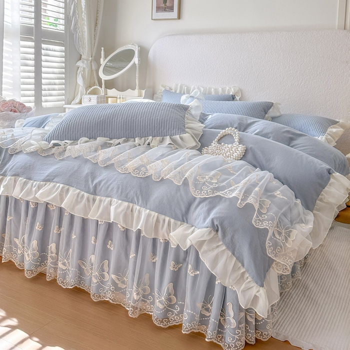 91家纺网 家纺一手货源 找家纺 瑞宝 2026新款泡芙棉花边床裙四件套-米兰系列 米兰-天蓝