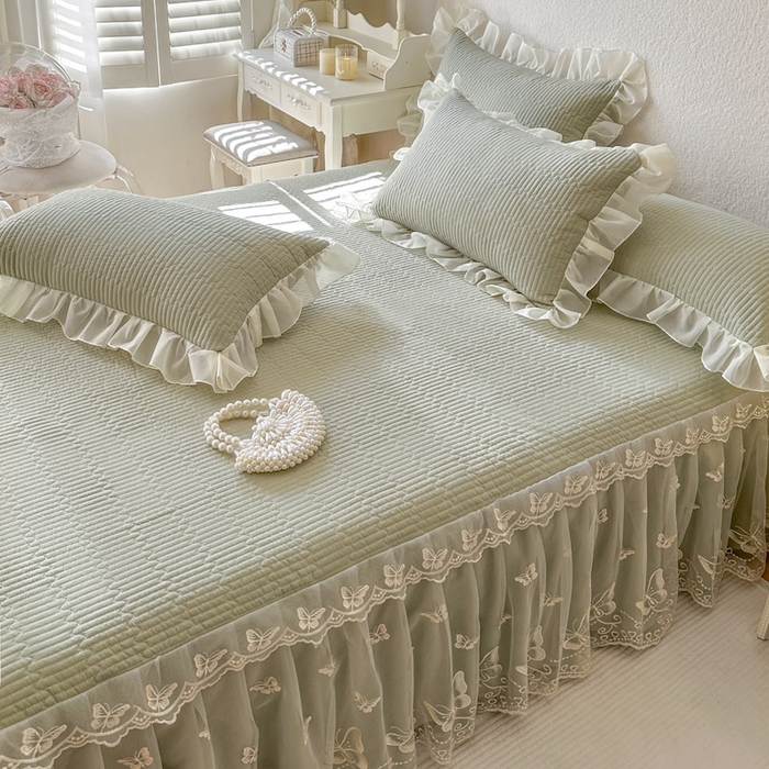 91家纺网 家纺一手货源 找家纺 瑞宝 2026新款泡芙棉花边床裙四件套-米兰系列 米兰-茶绿