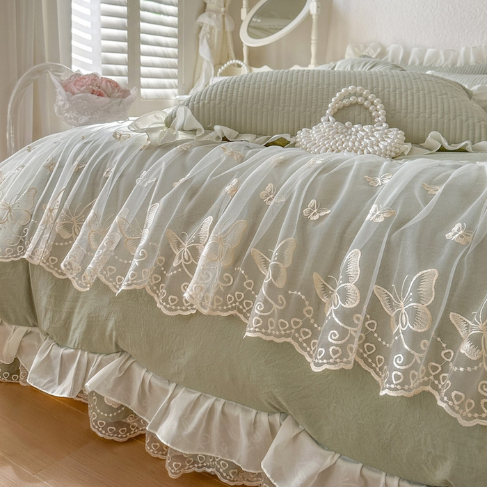 91家纺网 家纺一手货源 找家纺 瑞宝 2026新款泡芙棉花边床裙四件套-米兰系列 米兰-茶绿