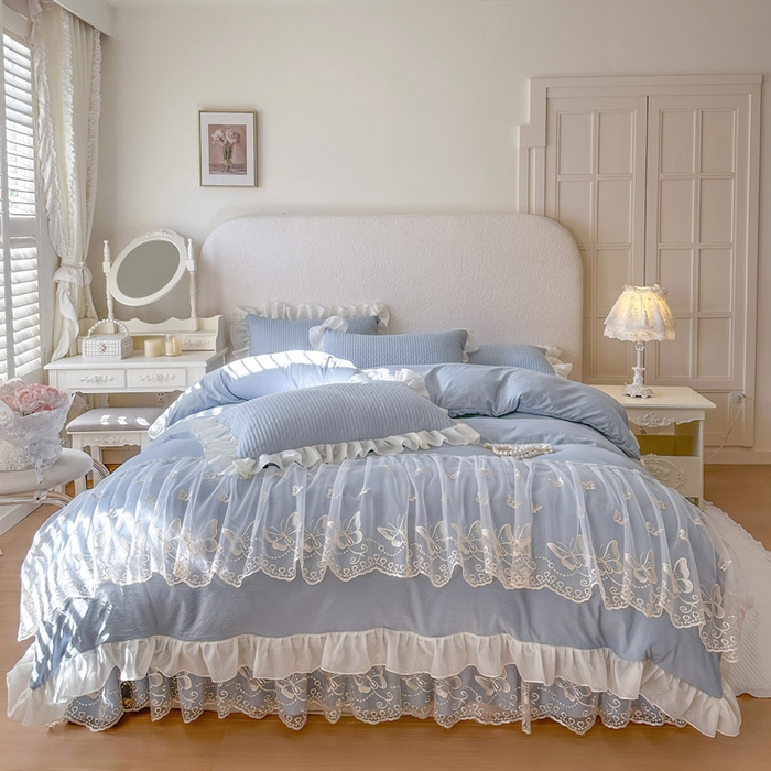 91家纺网 家纺一手货源 找家纺 瑞宝 2026新款泡芙棉花边床裙四件套-米兰系列 米兰-天蓝