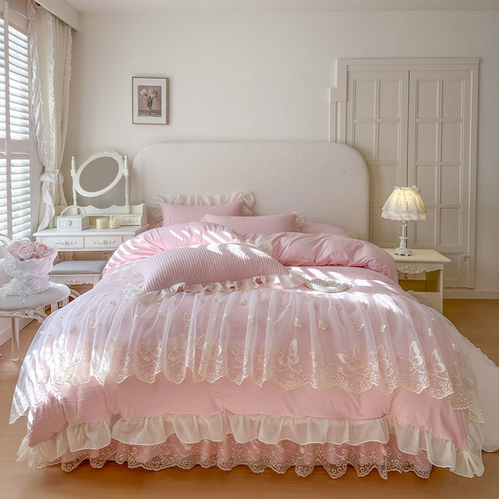 91家纺网 家纺一手货源 找家纺 瑞宝 2026新款泡芙棉花边床裙四件套-米兰系列 米兰-粉樱