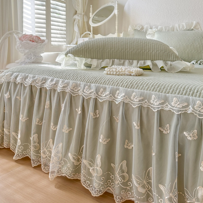 91家纺网 家纺一手货源 找家纺 瑞宝 2026新款泡芙棉花边床裙四件套-米兰系列 米兰-茶绿