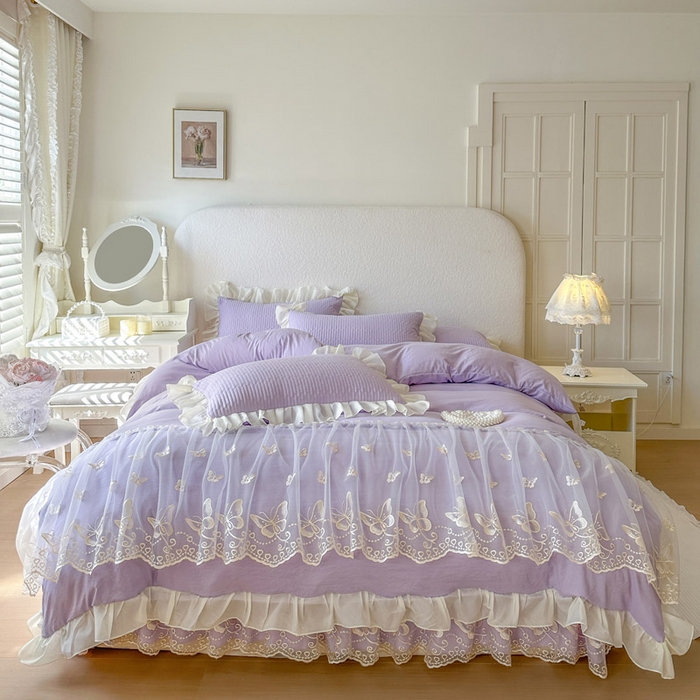 91家纺网 家纺一手货源 找家纺 瑞宝 2026新款泡芙棉花边床裙四件套-米兰系列 米兰-紫色