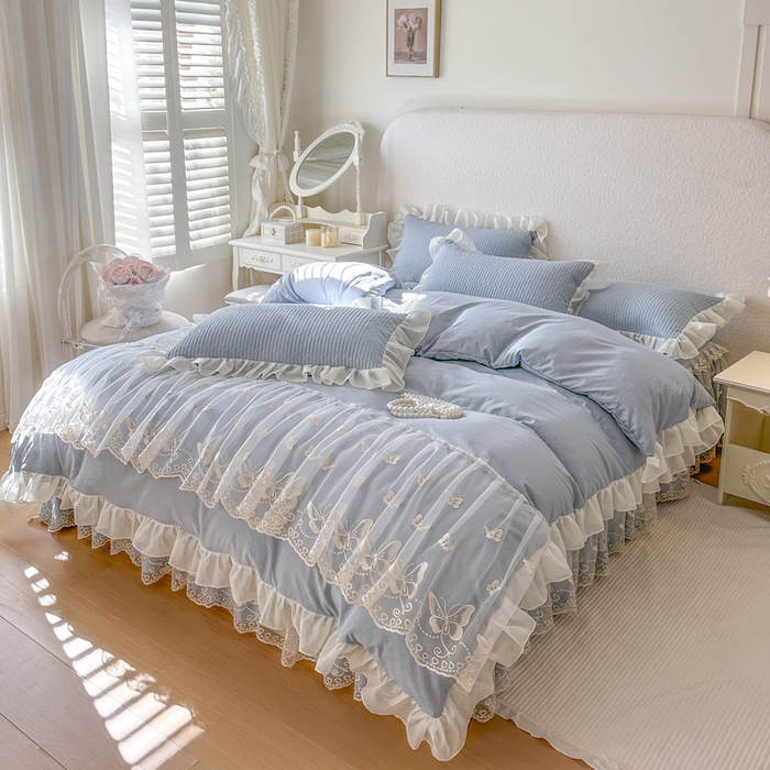 91家纺网 家纺一手货源 找家纺 瑞宝 2026新款泡芙棉花边床裙四件套-米兰系列 米兰-天蓝