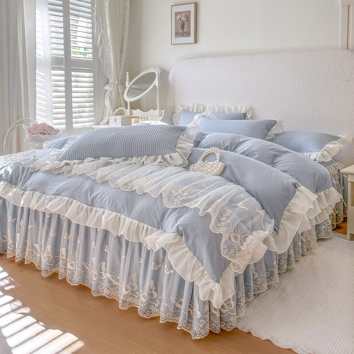 91家纺网 家纺一手货源 找家纺 瑞宝 2026新款泡芙棉花边床裙四件套-米兰系列 米兰-天蓝