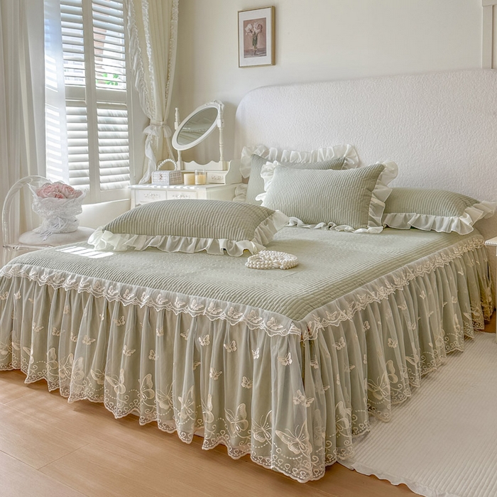 91家纺网 家纺一手货源 找家纺 瑞宝 2026新款泡芙棉花边床裙四件套-米兰系列 米兰-茶绿